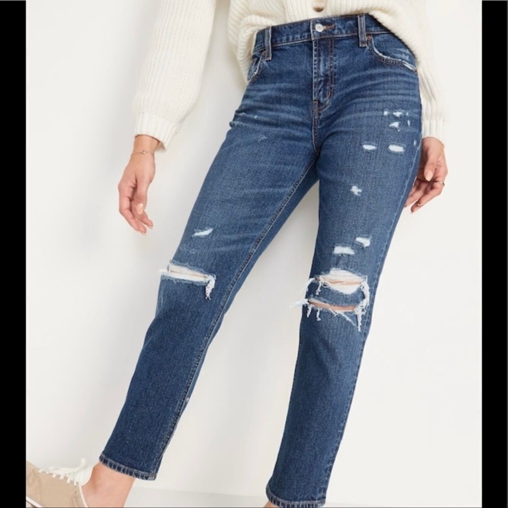 Old Navy Jeans Womens 4 Blue Mid Rise Boyfriend Distressed Crop Mom Ripped